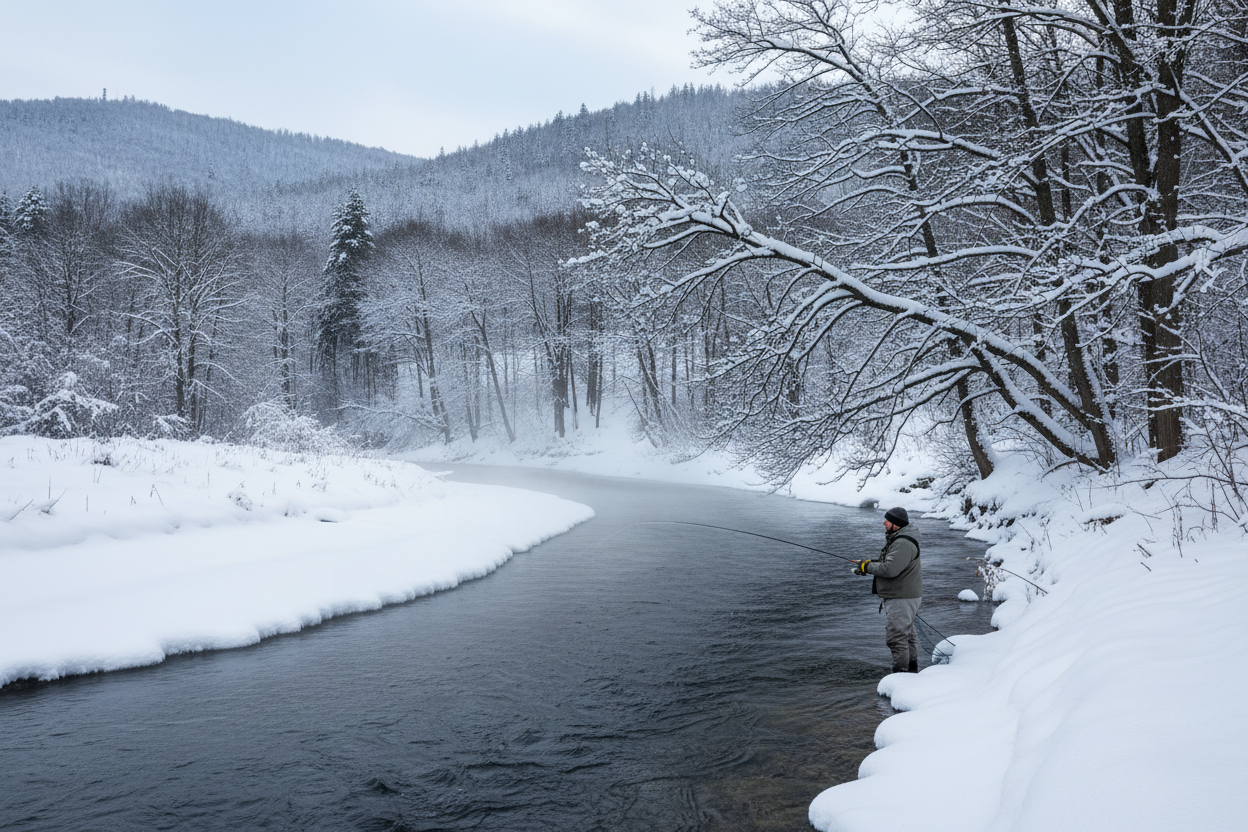 river fishing on snowy banks